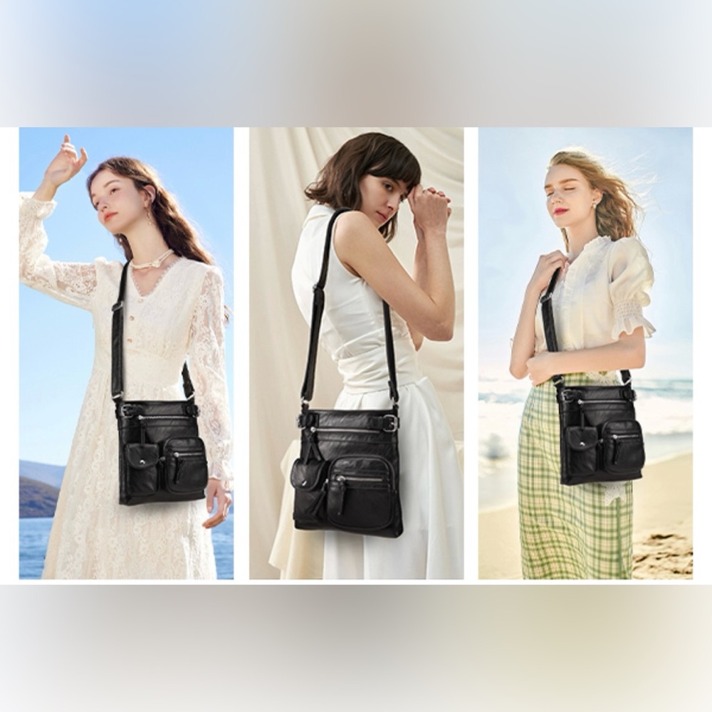 AE-Vegan Black Leather Crossbody Tribal Bag-Multipocket-Oversized-NWOT Multiuse🖤